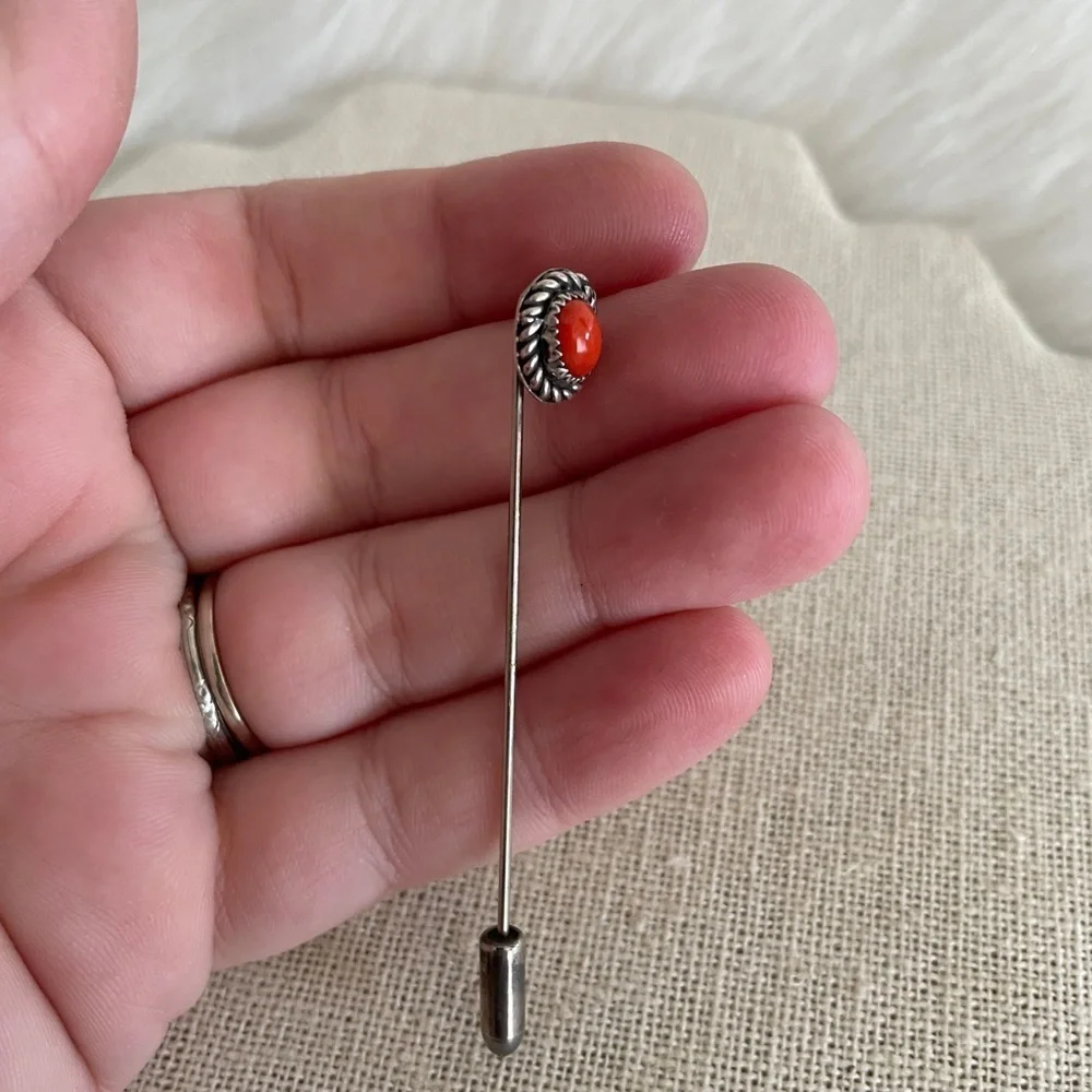Vintage Sterling Silver Coral Old Pawn Stick Hat Scarf Pin brooch